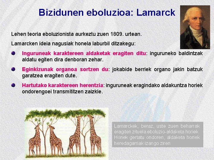 Bizidunen eboluzioa: Lamarck Lehen teoria eboluzionista aurkeztu zuen 1809. urtean. Lamarcken ideia nagusiak honela