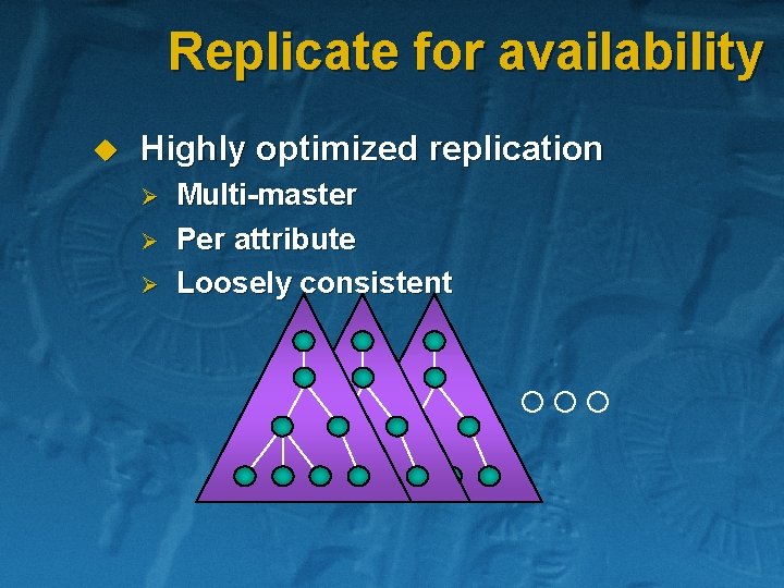 Replicate for availability u Highly optimized replication Ø Ø Ø Multi-master Per attribute Loosely