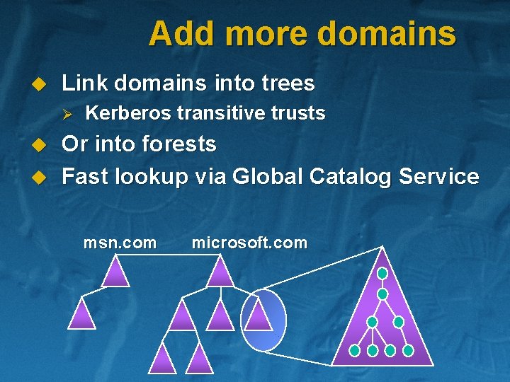 Add more domains u Link domains into trees Ø u u Kerberos transitive trusts