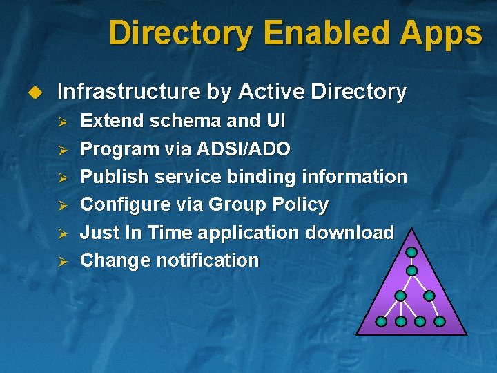 Directory Enabled Apps u Infrastructure by Active Directory Ø Ø Ø Extend schema and