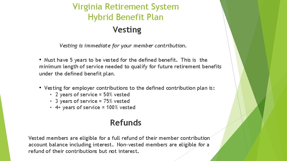 Virginia Retirement System Hybrid Benefit Plan Vesting is immediate for your member contribution. •