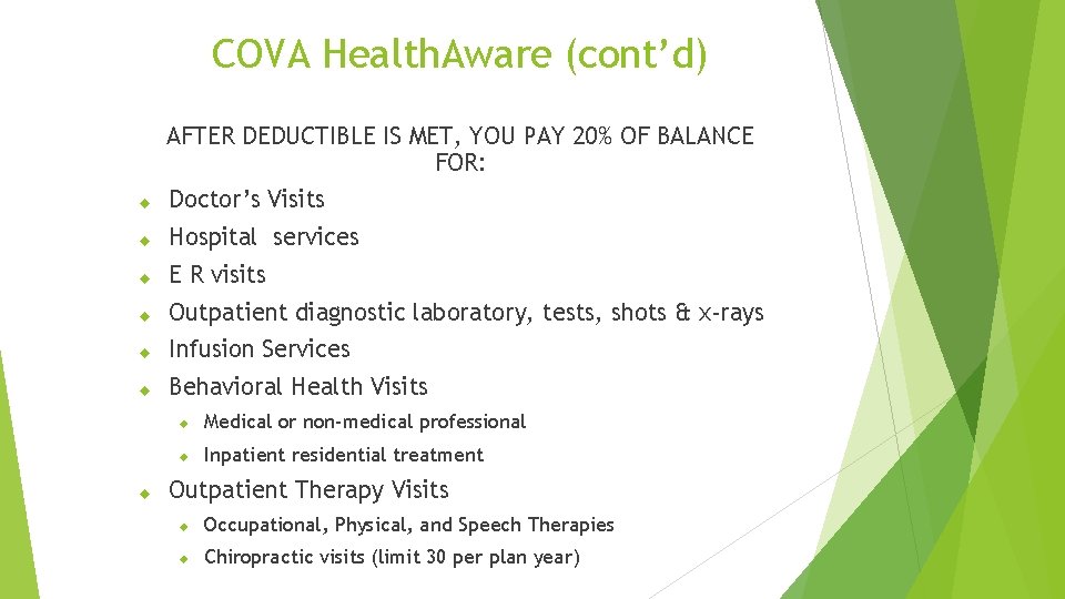 COVA Health. Aware (cont’d) AFTER DEDUCTIBLE IS MET, YOU PAY 20% OF BALANCE FOR: