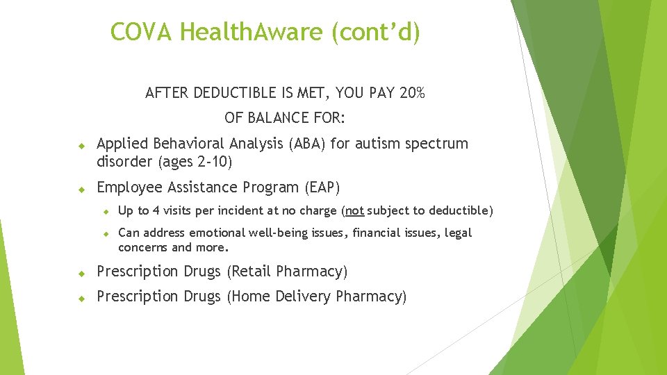 COVA Health. Aware (cont’d) AFTER DEDUCTIBLE IS MET, YOU PAY 20% OF BALANCE FOR: