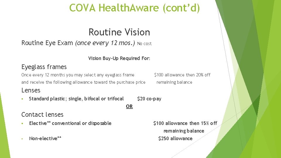 COVA Health. Aware (cont’d) Routine Vision Routine Eye Exam (once every 12 mos. )