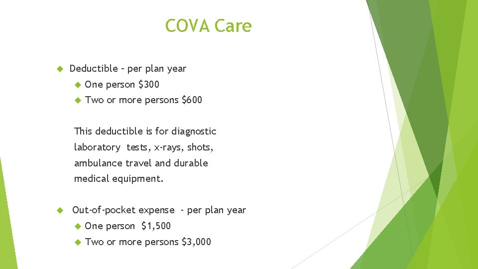 COVA Care Deductible – per plan year One person $300 Two or more persons