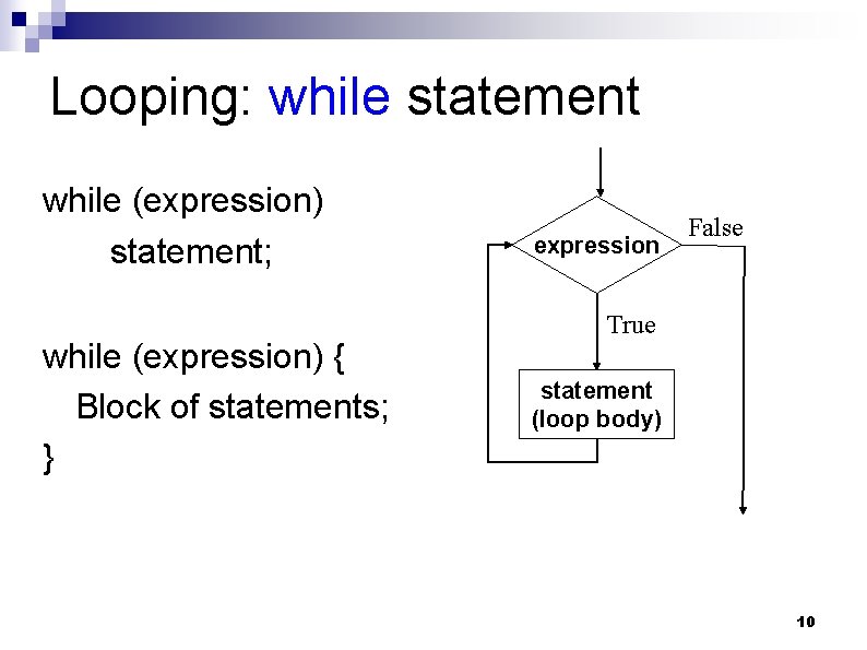 Looping: while statement while (expression) statement; while (expression) { Block of statements; } expression
