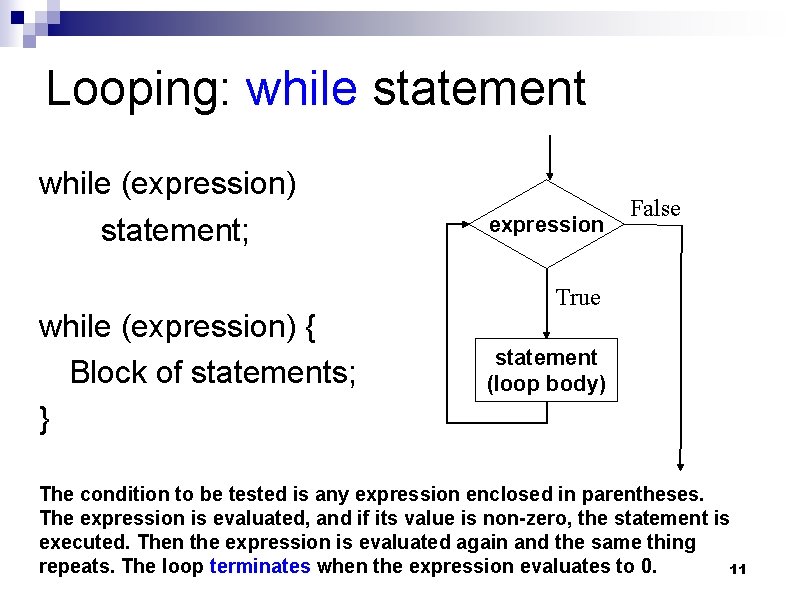 Looping: while statement while (expression) statement; while (expression) { Block of statements; } expression