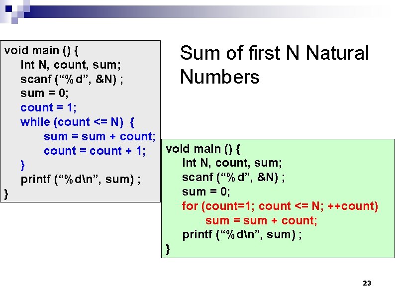 Sum of first N Natural Numbers void main () { int N, count, sum;