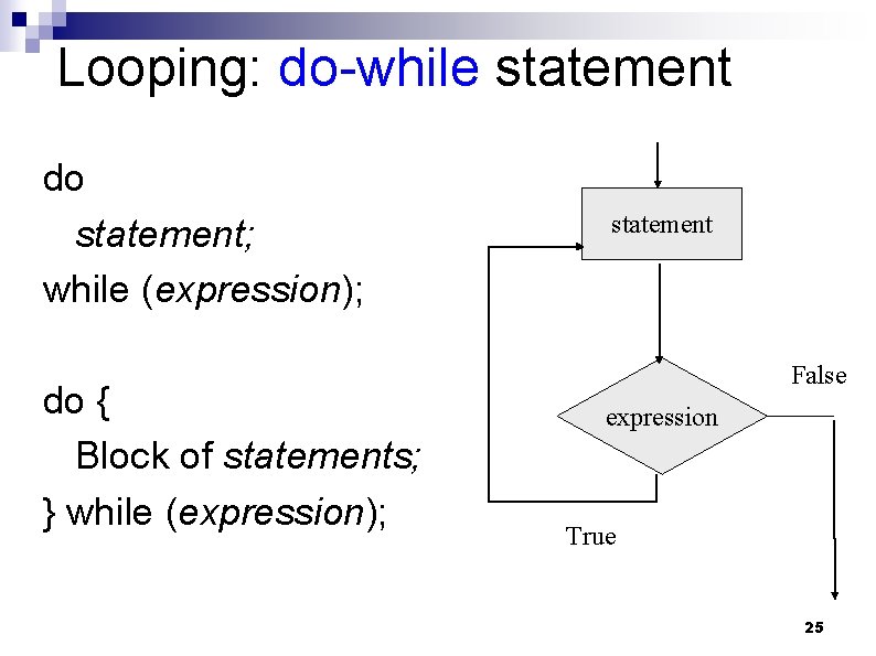Looping: do-while statement do statement; while (expression); do { Block of statements; } while