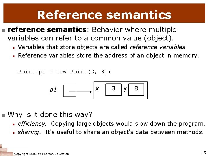 Reference semantics n reference semantics: Behavior where multiple variables can refer to a common