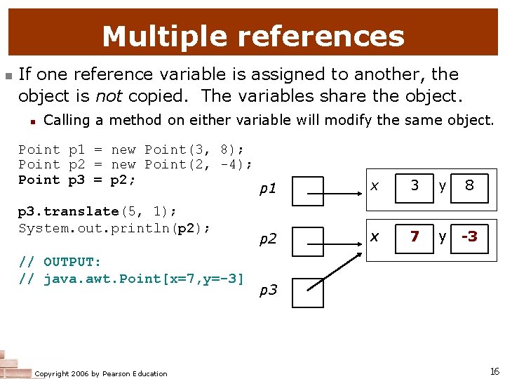 Multiple references n If one reference variable is assigned to another, the object is