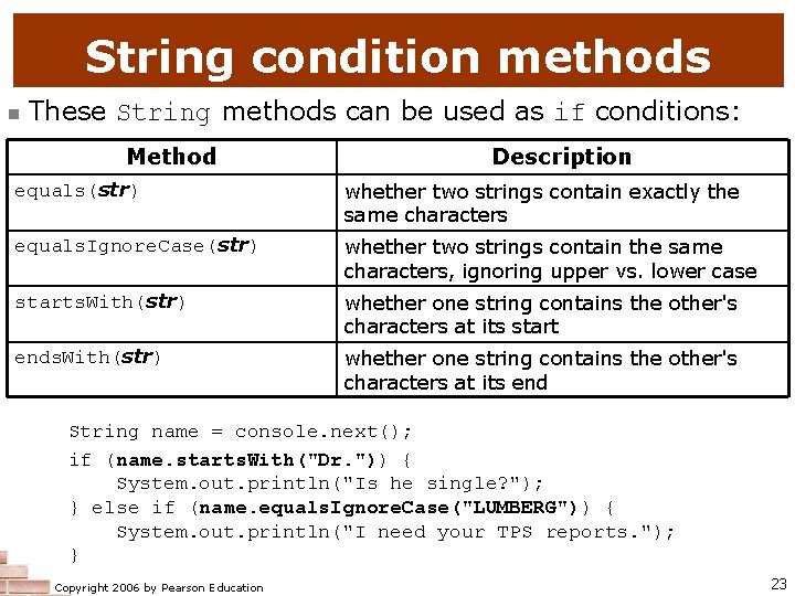 String condition methods n These String methods can be used as if conditions: Method