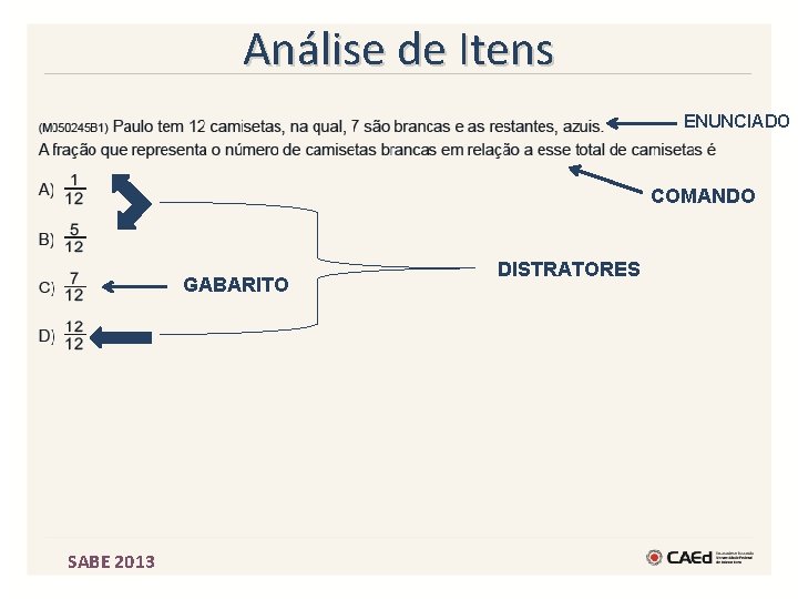 Análise de Itens ENUNCIADO COMANDO GABARITO SABE 2013 DISTRATORES 
