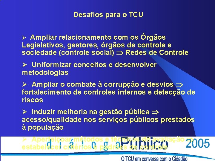 Desafios para o TCU Ø Ampliar relacionamento com os Órgãos Legislativos, gestores, órgãos de