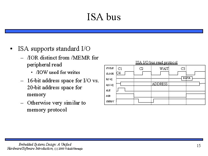 ISA bus • ISA supports standard I/O – /IOR distinct from /MEMR for peripheral