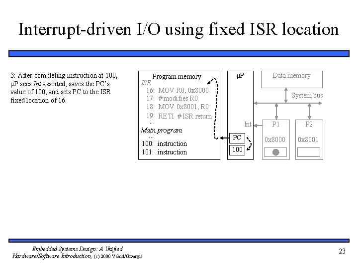 Interrupt-driven I/O using fixed ISR location 3: After completing instruction at 100, P sees