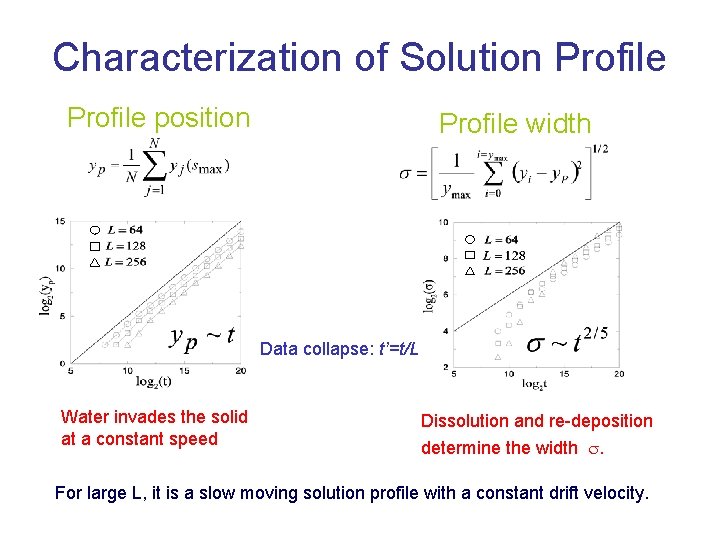 Characterization of Solution Profile position Profile width Data collapse: t’=t/L Water invades the solid