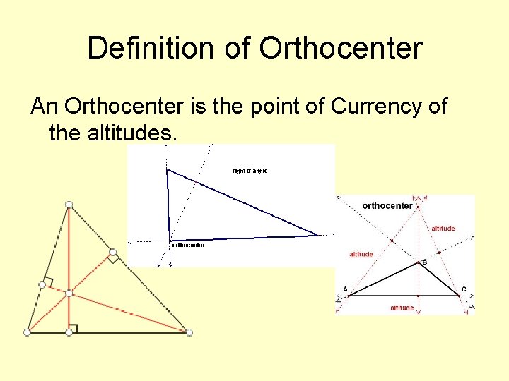 Definition of Orthocenter An Orthocenter is the point of Currency of the altitudes. 