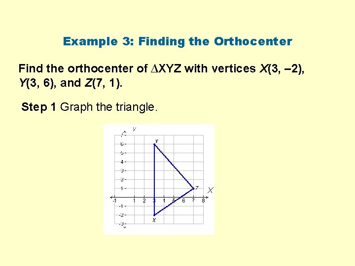 Example 3: Finding the Orthocenter Find the orthocenter of ∆XYZ with vertices X(3, –