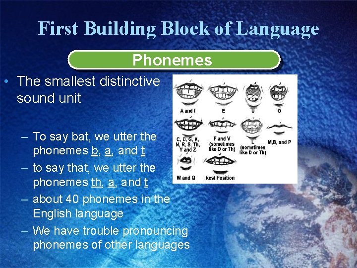First Building Block of Language Phonemes • The smallest distinctive sound unit – To First Building Block of Language Phonemes • The smallest distinctive sound unit – To