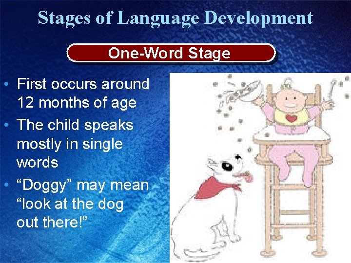 Stages of Language Development One-Word Stage • First occurs around 12 months of age Stages of Language Development One-Word Stage • First occurs around 12 months of age