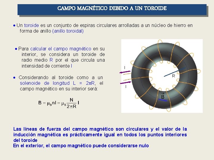CAMPO MAGNÉTICO DEBIDO A UN TOROIDE Un toroide es un conjunto de espiras circulares