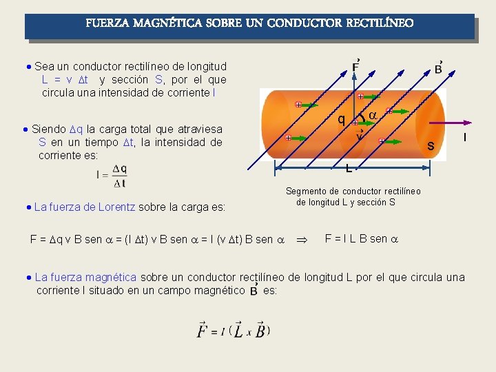 FUERZA MAGNÉTICA SOBRE UN CONDUCTOR RECTILÍNEO Sea un conductor rectilíneo de longitud L =
