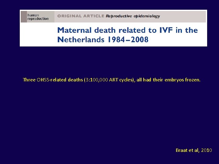 Three OHSS-related deaths (3: 100, 000 ART cycles), all had their embryos frozen. Braat