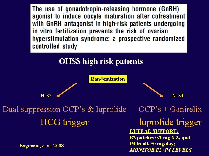 OHSS high risk patients Randomization N=32 N=34 Dual suppression OCP’s & luprolide OCP’s +