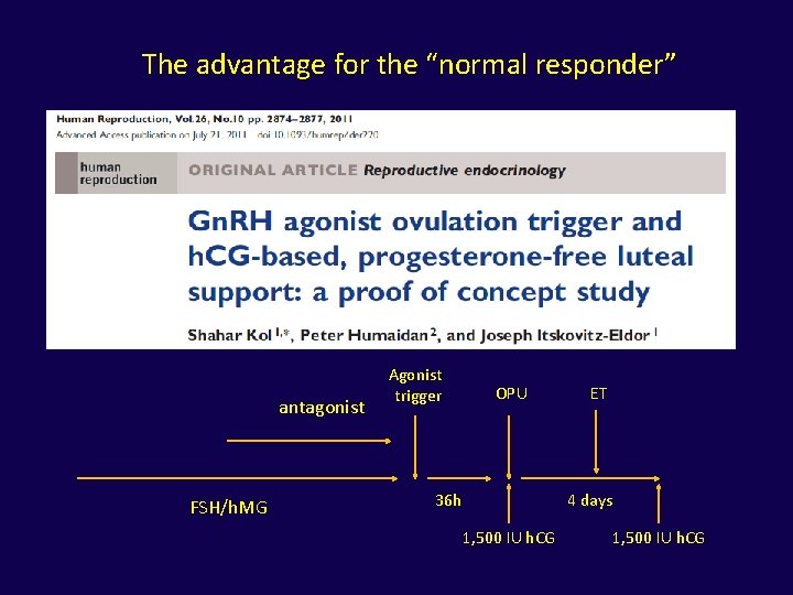 The advantage for the “normal responder” antagonist FSH/h. MG Agonist trigger OPU 36 h