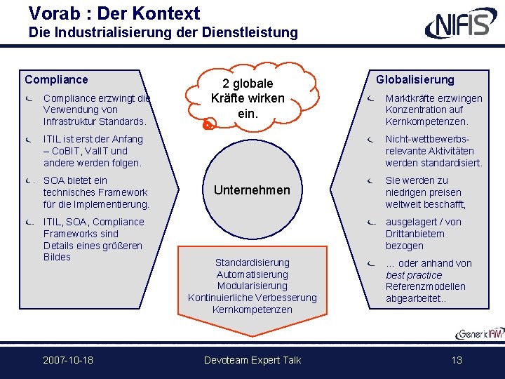 Vorab : Der Kontext Die Industrialisierung der Dienstleistung Compliance erzwingt die Verwendung von Infrastruktur