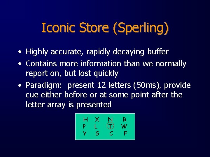 Iconic Store (Sperling) • Highly accurate, rapidly decaying buffer • Contains more information than