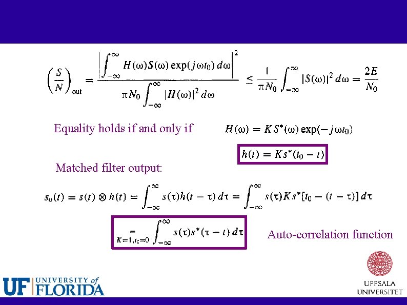 Equality holds if and only if Matched filter output: Auto-correlation function 