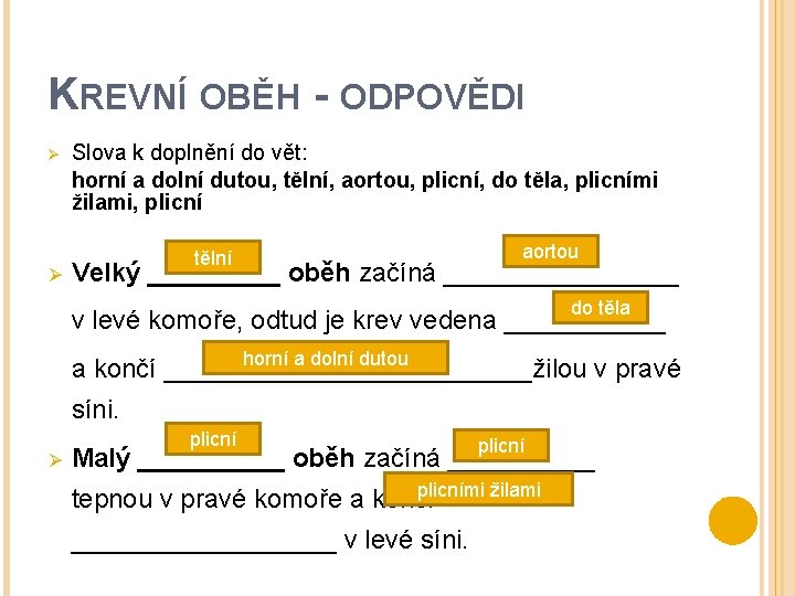 KREVNÍ OBĚH - ODPOVĚDI Ø Ø Slova k doplnění do vět: horní a dolní