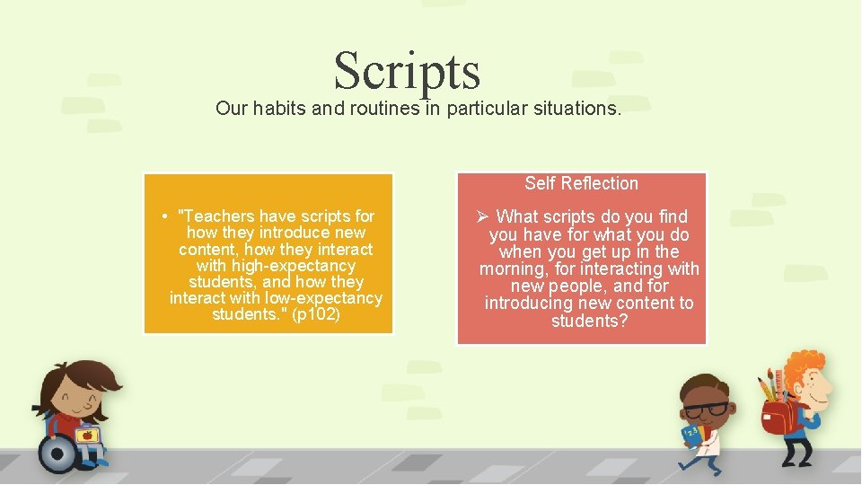 Scripts Our habits and routines in particular situations. Self Reflection • "Teachers have scripts