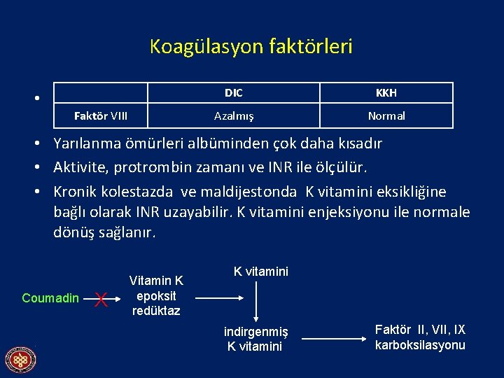 Koagülasyon faktörleri DIC KKH • Faktör VIII dışında tüm koagülayon faktörleri karaciğerde Faktör(Faktör VIII