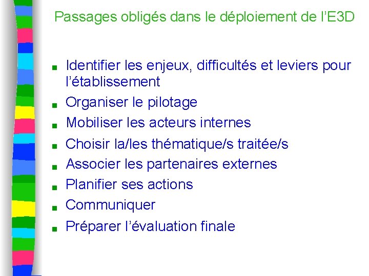 Passages obligés dans le déploiement de l’E 3 D ■ ■ ■ Identifier les