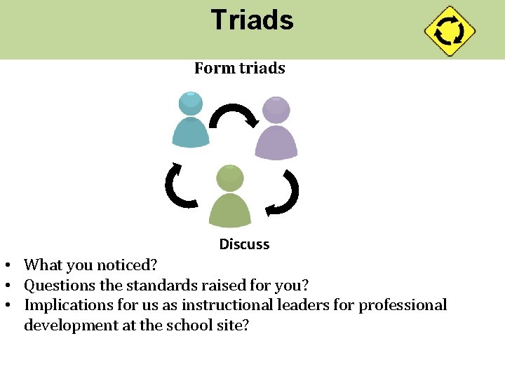 Triads Form triads Discuss • What you noticed? • Questions the standards raised for