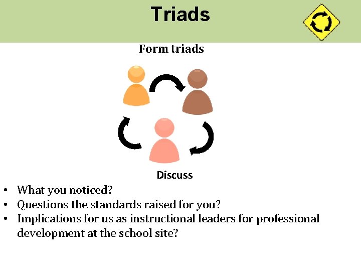 Triads Form triads Discuss • What you noticed? • Questions the standards raised for