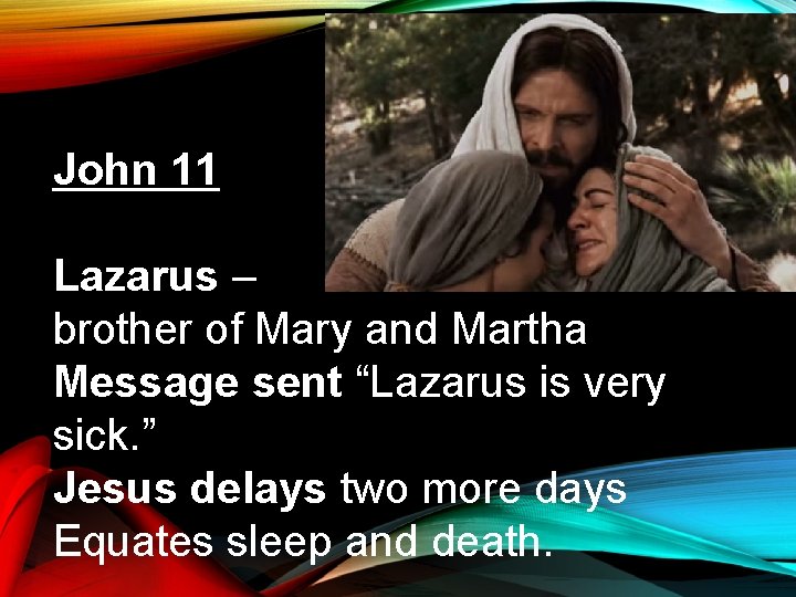 John 11 Lazarus – brother of Mary and Martha Message sent “Lazarus is very