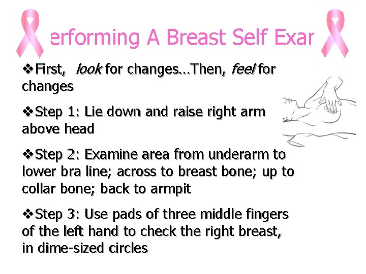 Performing A Breast Self Exam v. First, look for changes…Then, feel for changes v.