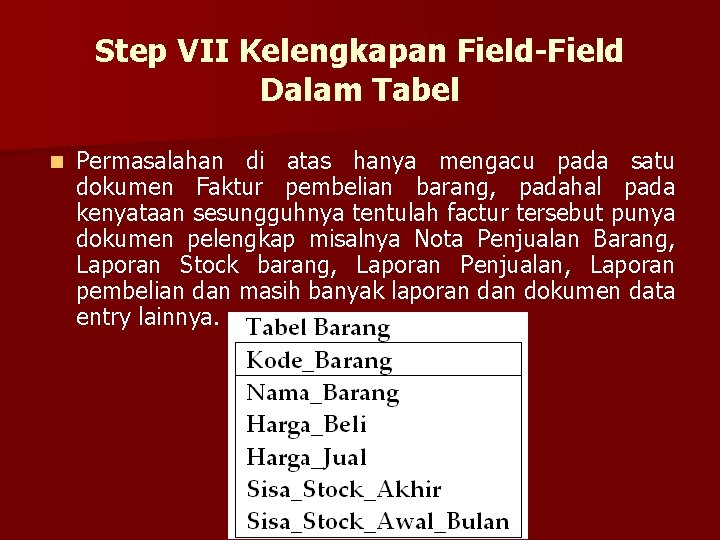 Step VII Kelengkapan Field-Field Dalam Tabel n Permasalahan di atas hanya mengacu pada satu