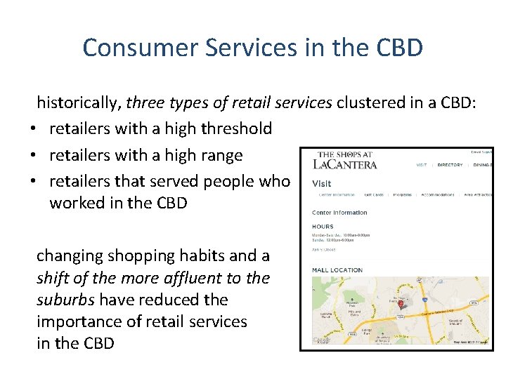 Consumer Services in the CBD historically, three types of retail services clustered in a