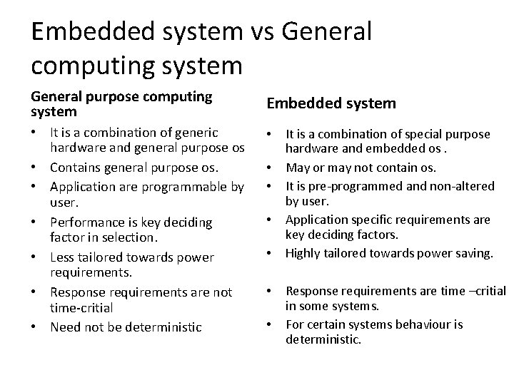 Embedded system vs General computing system General purpose computing system Embedded system • It