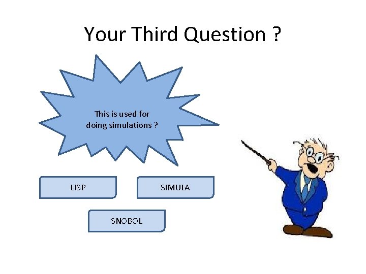 Your Third Question ? This is used for doing simulations ? LISP SIMULA SNOBOL Your Third Question ? This is used for doing simulations ? LISP SIMULA SNOBOL