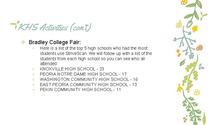 KHS Activities (con’t) ✢ Bradley College Fair: ○ ○ ○ Here is a list