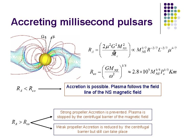Accreting millisecond pulsars Accretion is possible. Plasma follows the field line of the NS