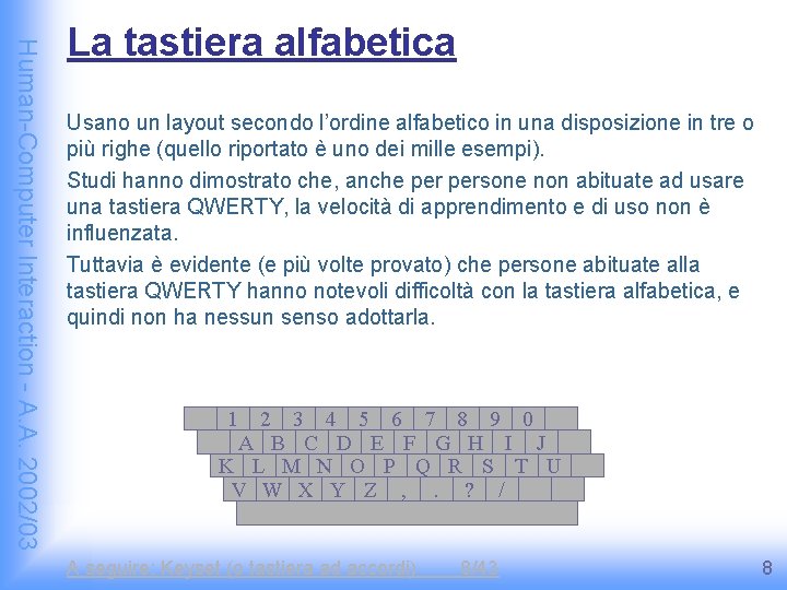 Human-Computer Interaction - A. A. 2002/03 La tastiera alfabetica Usano un layout secondo l’ordine