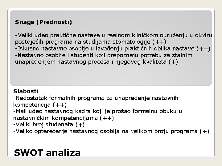 Snage (Prednosti) -Veliki udeo praktične nastave u realnom kliničkom okruženju u okviru postojećih programa