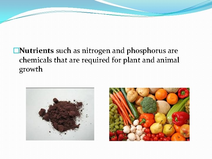 �Nutrients such as nitrogen and phosphorus are chemicals that are required for plant and